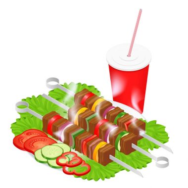 Barbekü tasarım öğeleri. Yaz yemek ızgara. Piknik pişirme cihazı. Düz izometrik çizimde. Aile hafta sonu. Pişirme yöntemi ve bir aparat Barbekü olduğunu.