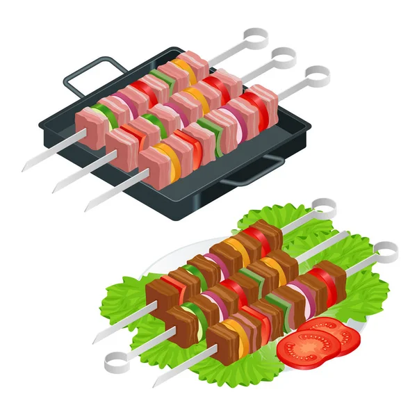 Barbecue design elements. Grill summer food. Picnic cooking device. Flat isometric illustration. Family weekend. BBQ is both a cooking method and an apparatus. — Stock Vector