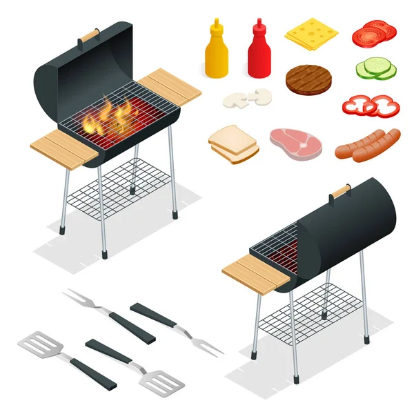 Grill-Design-Elemente. Sommergrillen. Picknick-Kochgerät. flache isometrische Darstellung. Familienwochenende. Grill ist sowohl eine Kochmethode als auch ein Apparat. — Stockvektor