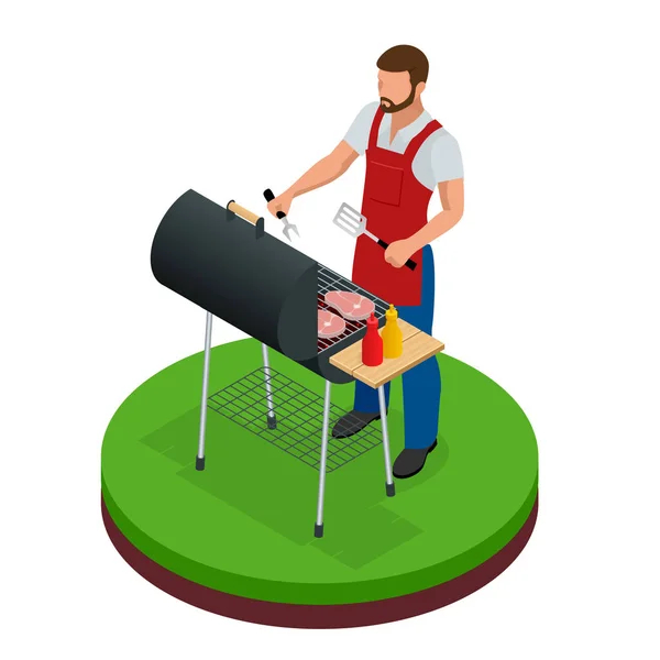 Mannelijke voorbereiden barbecue buitenshuis. Rooster zomer voedsel. Picknick koken apparaat. Plat isometrische illustratie. Familieweekend. BBQ is zowel een koken methode en een apparaat. — Stockvector