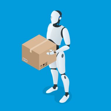 İzometrik özerk teslim Robot. Düz vektör Isolated beyaz illüstrasyon.