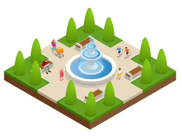 Beautiful fountain in the park. A zone of rest and relaxation. Children play near the fountain. Flat vector isometric on white background — Stock Vector
