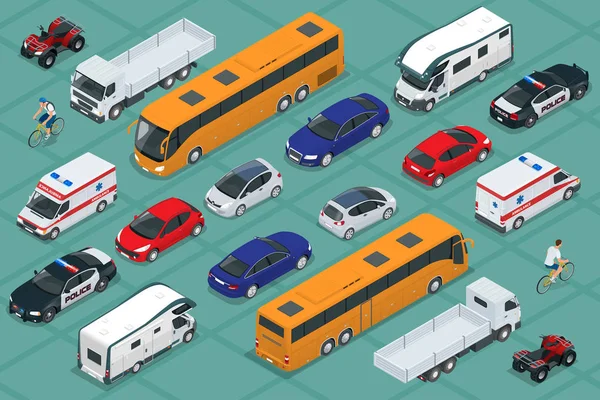 Conjunto de iconos de coche de transporte urbano isométrico plano de alta calidad. Transporte público urbano y de mercancías. Para infografías, diseño y juego — Archivo Imágenes Vectoriales