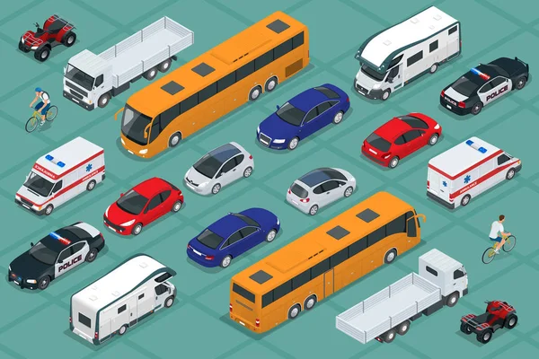 Conjunto de ícones de carro de transporte urbano de alta qualidade isométrica plana. Transporte público urbano e de mercadorias. Para infográficos, design e jogo —  Vetores de Stock