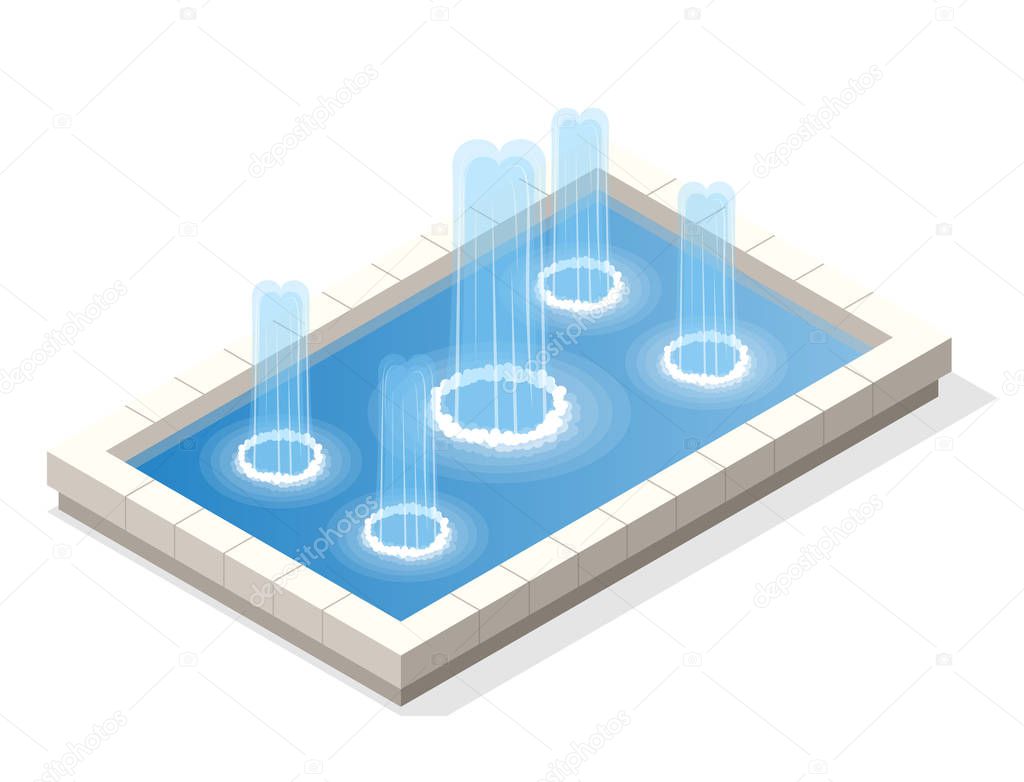 Isometric fountain water spout spray in basin isolated on white background.