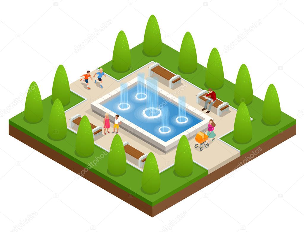Beautiful fountain in the park. A zone of rest and relaxation. Children play near the fountain. Flat vector isometric on white background