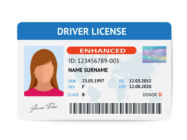 Flat woman driver license plastic card template, id card vector illustration — Stock Vector