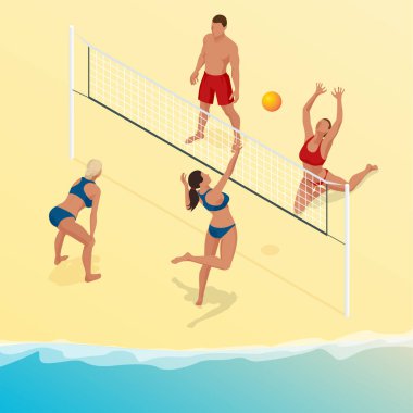 Beach volley topu oyuncu atlar net ve çalışır için topu engeller. Yaz aktif tatil kavramı. Vektör izometrik çizim