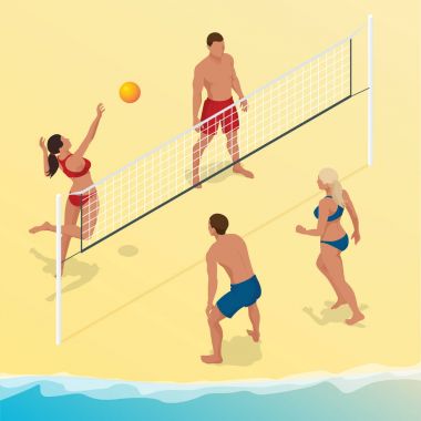 Beach volley topu oyuncu atlar net ve çalışır için topu engeller. Yaz aktif tatil kavramı. Vektör izometrik çizim