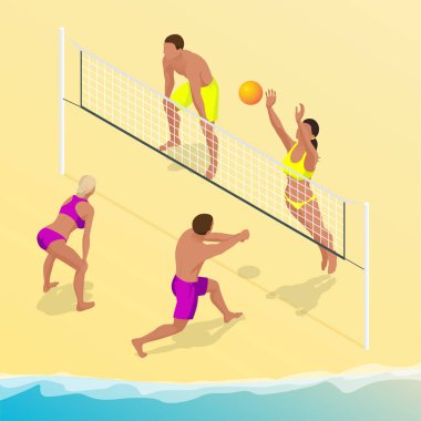 Beach volley topu oyuncu atlar net ve çalışır için topu engeller. Yaz aktif tatil kavramı. Vektör izometrik çizim