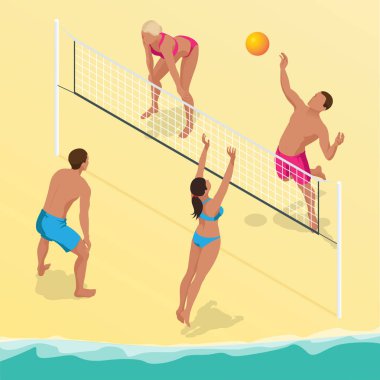 Beach volley topu oyuncu atlar net ve çalışır için topu engeller. Yaz aktif tatil kavramı. Vektör izometrik çizim