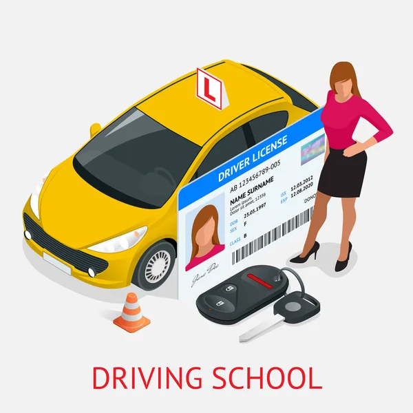 Ontwerpconcept rijden school of leren om te rijden. Plat isometrische illustratie — Stockvector