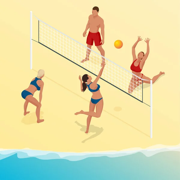 Пляжный игрок в мяч прыгает по сетке и пытается заблокировать мяч. Концепция летнего активного отдыха. Векторная изометрическая иллюстрация — стоковый вектор