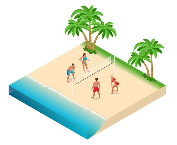 Beach volley joueur de balle saute sur le filet et tente de bloquer la balle. Concept de vacances actives d'été. Illustration isométrique vectorielle — Image vectorielle