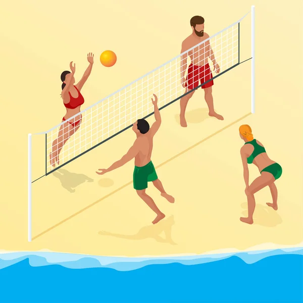 Beach volley ball player jumps on the net and tries to blocks the ball. Summer active holiday concept. Vector isometric illustration