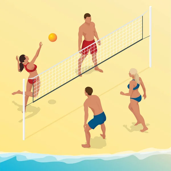 Pemain bola voli pantai melompat ke net dan mencoba untuk memblokir bola. Summer active holiday concept. Ilustrasi vektor isometrik - Stok Vektor