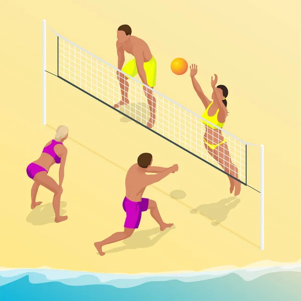 Пляжный игрок в мяч прыгает по сетке и пытается заблокировать мяч. Концепция летнего активного отдыха. Векторная изометрическая иллюстрация — стоковый вектор