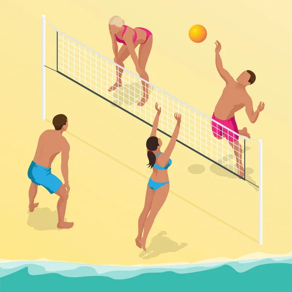 Beach volley ball player jumps on the net and tries to blocks the ball. Summer active holiday concept. Vector isometric illustration