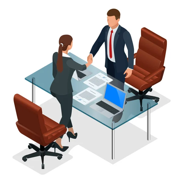 Ondernemers handshaking na onderhandeling of interview op kantoor. Concept van de productieve partnerschap. Constructieve Business confrontatie isometrische vectorillustratie — Stockvector