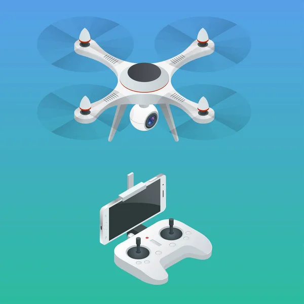 Isometrische radiografisch bestuurde drone. Innovatie video en fotografie apparatuur. Vectorillustratie — Stockvector
