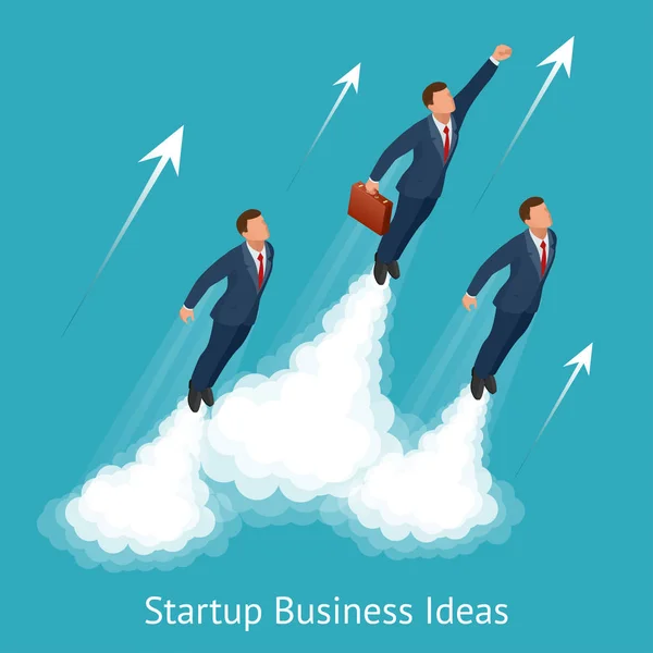 Vector isometric startup business, innovation, technology, start button, take off young businessmen, development and business launch up — стоковый вектор