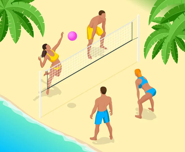 Jogador de vôlei de praia salta na rede e tenta bloquear a bola. Conceito de férias ativas de verão. Ilustração isométrica vetorial — Vetor de Stock