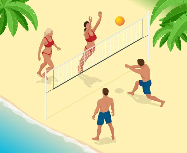 Beach volley bal speler sprongen op het net en probeert te blokkeert de bal. De concept van de actieve vakantie van de zomer. Isometrische vectorillustratie — Stockvector