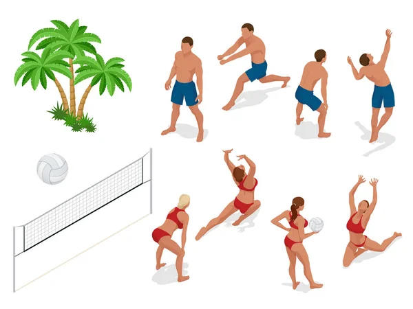 Figures of people when playing volleyball. Beach volley ball concept. Vector isometric illustration