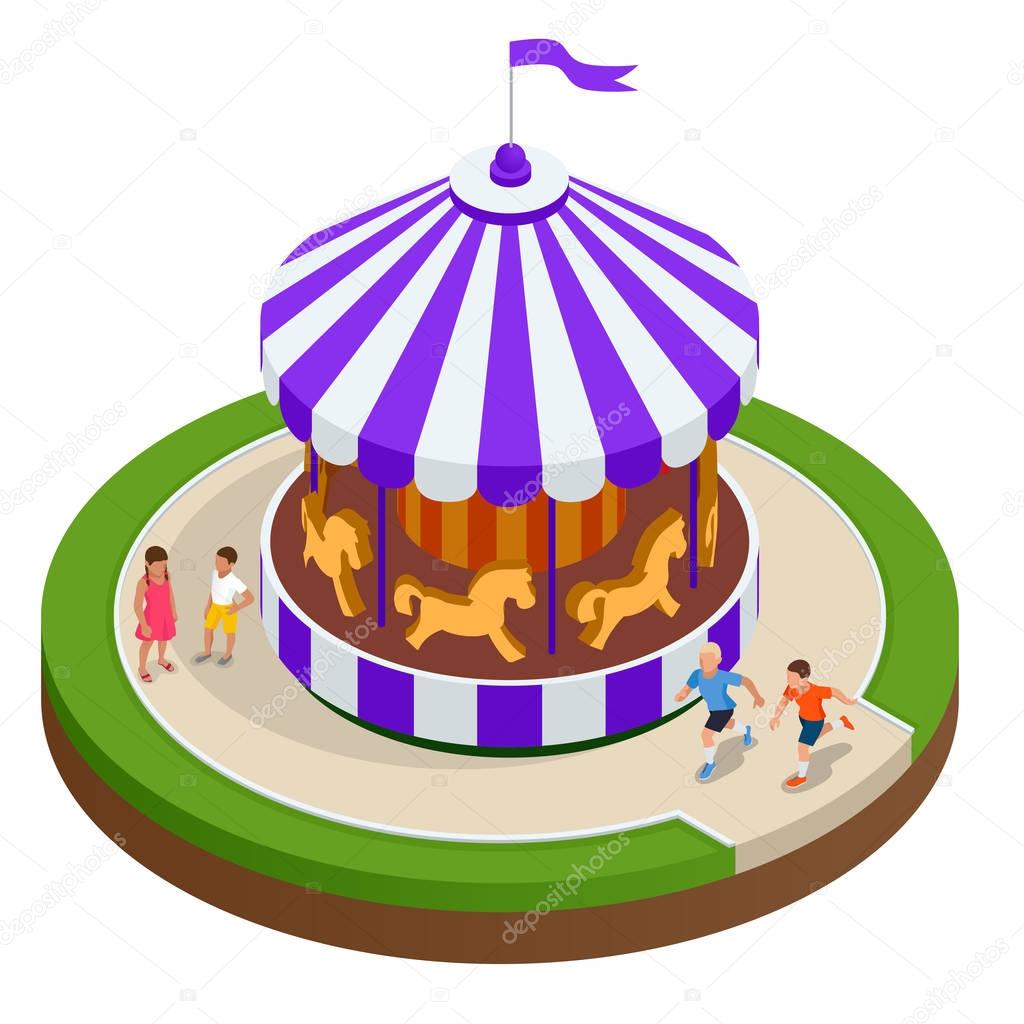 Isometric Childrens carousel with horses isolated. Vector illustration. Colorful children s carousel.