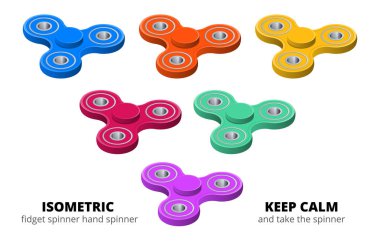 İzometrik 3B vektör topluca spinners ayarla ya da Topaçları el. Artan odak, stres için oyuncaklar kıpır.