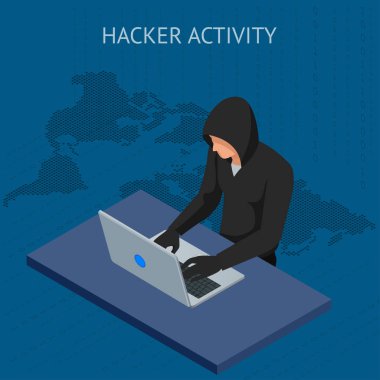 İzometrik vektör Internet hacker saldırı ve kişisel veri güvenlik kavramı. Bilgisayar güvenlik teknolojisi. E-posta spam virüs rapor kesmek banka. Hacker bir kod üzerinde çalışıyor. Internet suç kavramı.