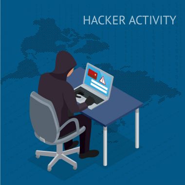 İzometrik vektör Internet hacker saldırı ve kişisel veri güvenlik kavramı. Bilgisayar güvenlik teknolojisi. E-posta spam virüs rapor kesmek banka. Hacker bir kod üzerinde çalışıyor. Internet suç kavramı.