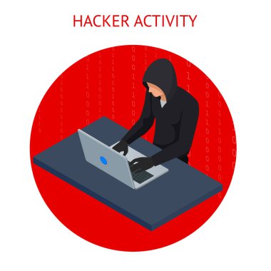 İzometrik vektör Internet hacker saldırı ve kişisel veri güvenlik kavramı. Bilgisayar güvenlik teknolojisi. E-posta spam virüs rapor kesmek banka. Hacker bir kod üzerinde çalışıyor. Internet suç kavramı.