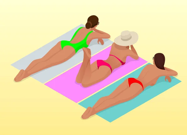 Mooie jonge slanke vrouw zonnebaden op het strand op een zonnebank in de buurt van de zee, het strand, de zomervakantie, sexy meisje isometrische mensen vector illustratie. — Stockvector