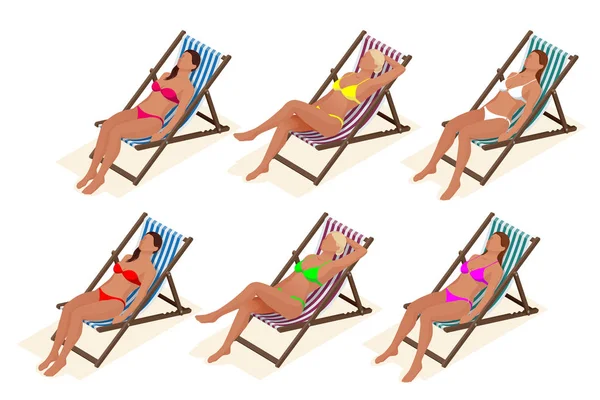 Bela jovem e magro banho de sol na praia em uma espreguiçadeira perto do mar, praia, férias de verão, menina sexy ilustração vetor de pessoas isométricas . —  Vetores de Stock
