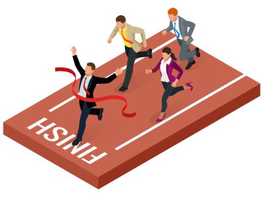 İzometrik insanlar. Girişimci işadamı lideri. İş adamı ve iş ekibi bitiş çizgisine çapraz ve kırmızı kurdele bir Pazar yarışta birinciliğine yırtılma. Düz stil vektör çizim.