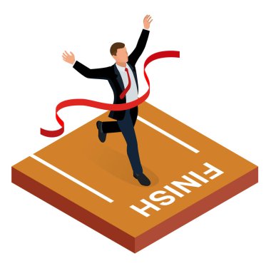 İzometrik insanlar. Girişimci işadamı lideri. İş adamı ve iş ekibi bitiş çizgisine çapraz ve kırmızı kurdele bir Pazar yarışta birinciliğine yırtılma. Düz stil vektör çizim.