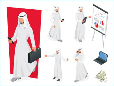 Set of Businessman Arab Man on white background. Isometric character poses. Cartoon people. Create your own design for vector clipart