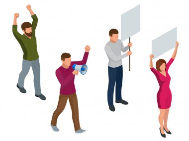 Afiş ve megafon gösteri üzerinde protesto izometrik insanlarla. Gösteri, protesto, grev kavramı.