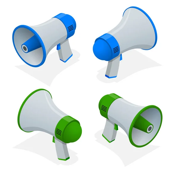 Isometric set of megaphone, bullhorn, loudspeaker isolated on white background. — Stock Vector