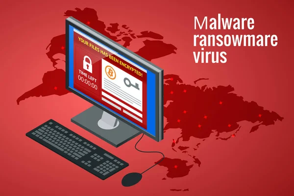 Ransomware, λογισμικού κακόβουλης λειτουργίας που εμποδίζει την πρόσβαση στα δεδομένα των θυμάτων. Επιθέσεις χάκερ δίκτυο. Ισομετρική διανυσματικά εικονογράφηση. Έννοια εγκλήματος στο διαδίκτυο. Ιούς ηλεκτρονικού ταχυδρομείου spam τραπεζικό λογαριασμό hacking. — Διανυσματικό Αρχείο