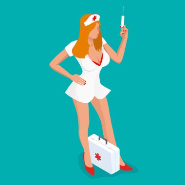 Seksi hemşire. İzometrik insanlar. Güzel genç hemşire izole mavi arka plan üzerinde duran şırınga tutarak üniformalı. Vektör çizim.