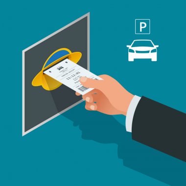 Mans hand with Parking tickets. Isometric Flat illustration vector icon for web. Urban transport. Parking space. Accessibility clipart