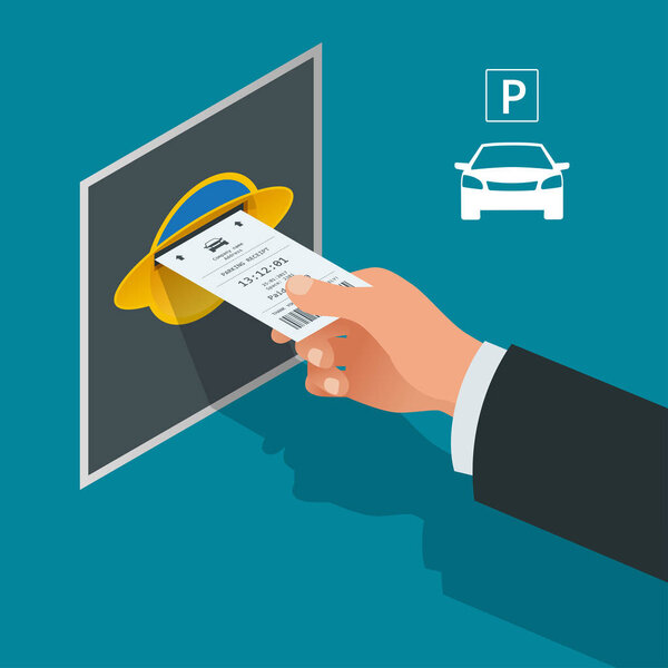 Mans hand with Parking tickets. Isometric Flat illustration vector icon for web. Urban transport. Parking space. Accessibility