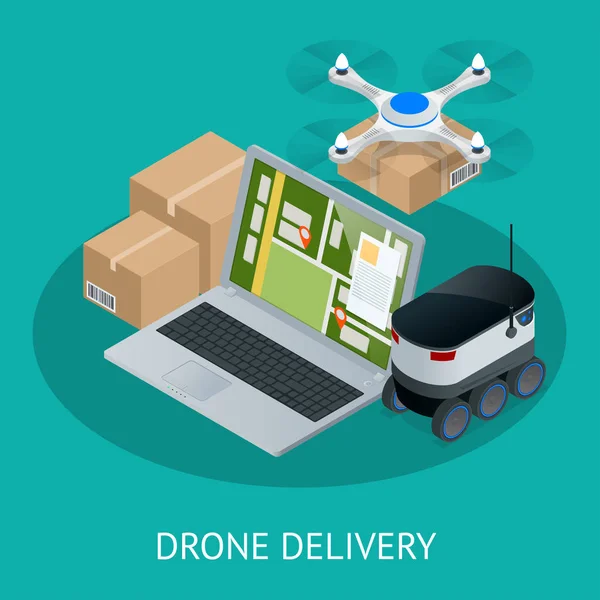 Isometrische Drone snel levering van goederen in de stad. Technologische verzending innovatieconcept. Autonome logistiek. — Stockvector