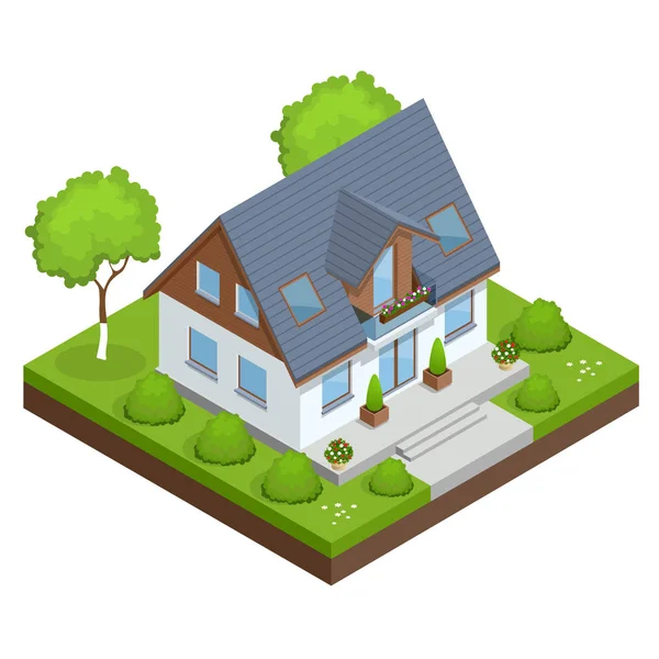 Egy kompakt eco house, napelemek, tető, tetőtér, a nap és a tanulmány az első emeleten egy ablakából. Izometrikus ház vektoros illusztráció. — Stock Vector