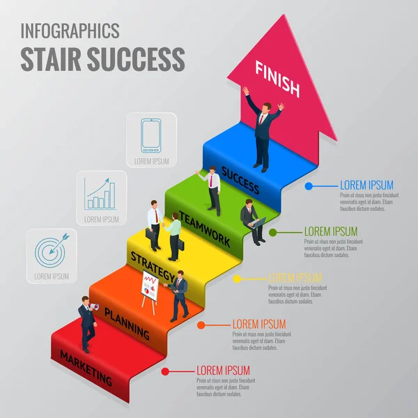 Escalera de carrera de un hombre de negocios o una etapa de desarrollo empresarial marketing, planificación, estrategia, trabajo en equipo, éxito, acabado. Vector isométrico personas . — Vector de stock