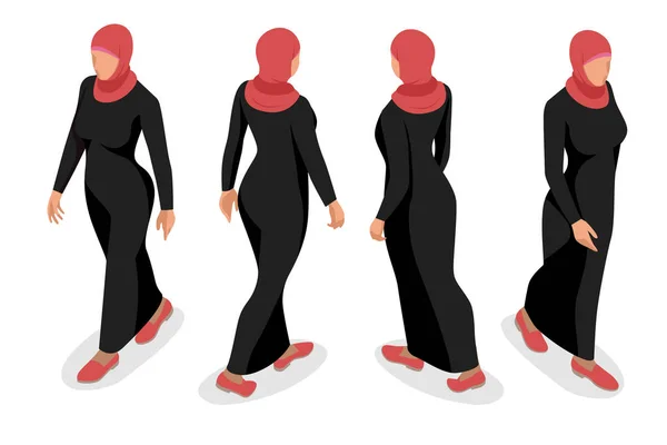 Ensemble de personnage de femme arabe d'affaires avec hijab. Vecteur isométrique personnages caractère . — Image vectorielle