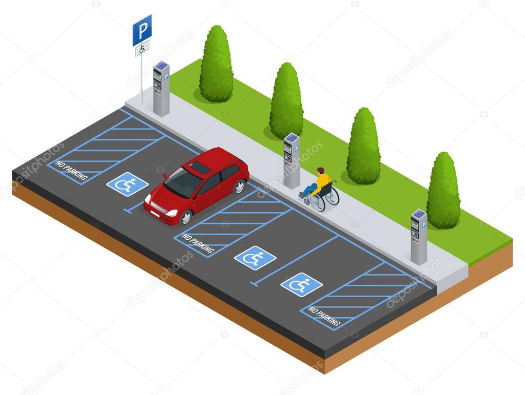 Isometric Cars in the parking lot or car parking for the disabled. Isometric Cars in the parking lot or car parking. City parking vector web banner isometric flat vector style.