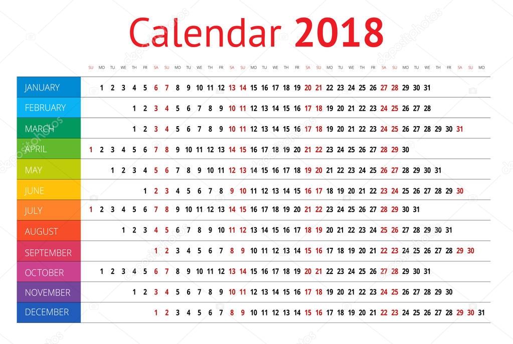 2018 calendar. Print Template. Week Starts Sunday. Portrait Orientation. Set of 12 Months. Vector Planner for 2018 Year.